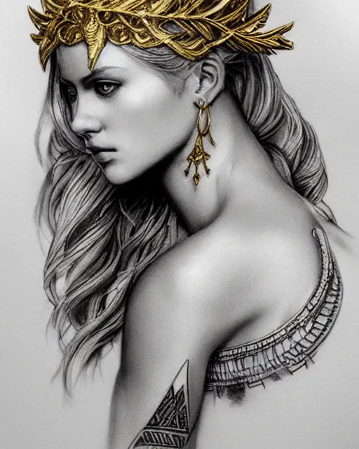 Image similar to tattoo sketch of blonde super model aphrodite greek goddess wearing a gold laurel wreath and triangle earrings, beautiful piercing gaze with sharp pupils, in the style of greg rutkowski, fantasy, amazing detail, epic, elegant, smooth, sharp focus, front view