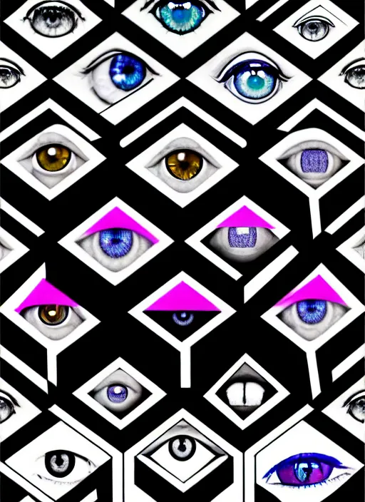 Image similar to grid montage of opticals with cube shaped iris, square shaped black dilated pupils cubes, cube shaped, detailed colored textures, lashes, advanced art, art styles mix, wet reflections in square eyecubes, sunshine light, hd macro photograph, from side, various cube eyelid positions