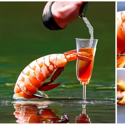 Prompt: a shrimp drinking a tiny cocktail