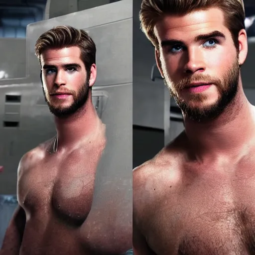 Prompt: a realistic detailed photo of a guy who is an attractive humanoid who is half robot and half humanoid, who is a male android, actor liam hemsworth, shiny skin, posing like a statue, blank stare, in a factory, on display, showing off his muscles