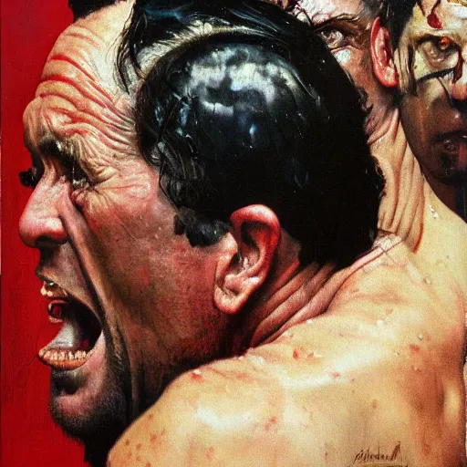 Image similar to high quality high detail painting by norman rockwell and lucien freud, hd, portrait of a dangerous professional wrestler, intense demonic look in the eyes, photorealistic lighting