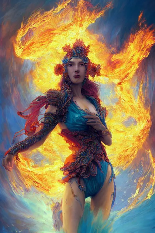 Prompt: a portrait of godess of fire surounded by flaming phoenix in intricate detailed color smashing fluid oilpaint, 3 d render, hyper realistic detailed portrait, color leaves, ruan jia, wlop. scifi, fantasy, hyper detailed, octane render, concept art, intense colors by peter mohrbacher, by wlop, by ruan jia, by alphonse mucha