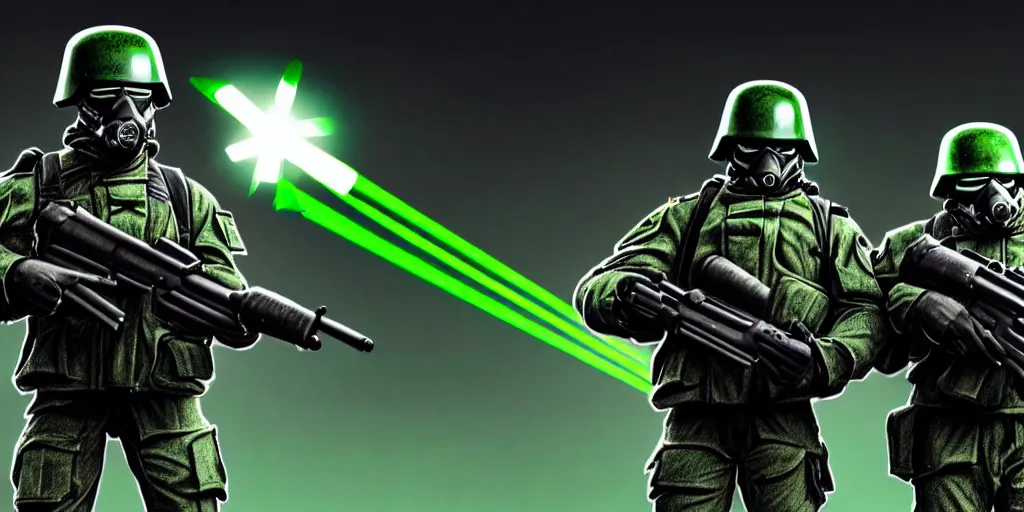 Image similar to A detailed sketch of two guerilla soldiers with green plasma rifles with revolver drums wearing grey armour with dark green stripes and full helmets with dark green visors, night, rain, water drops on the lense, a complicated black spaceship with green lights in the background, realistic 4k octane beautifully detailed render, 4k post-processing, highly detailed, intricate complexity, epic composition, magical atmosphere, cinematic lighting, masterpiece, ultra hd