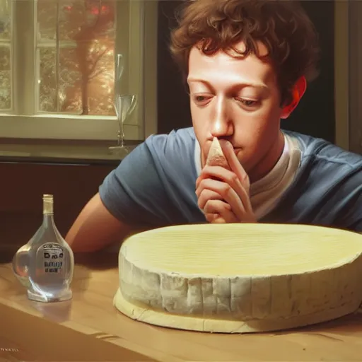 Image similar to mark zuckerberg eating an entire wheel of cheese, highly detailed vfx portrait, unreal engine, greg rutkowski, loish, rhads, caspar david friedrich, makoto shinkai and lois van baarle, ilya kuvshinov, rossdraws, elegent, tom bagshaw, alphonse mucha, global illumination, detailed and intricate environment.