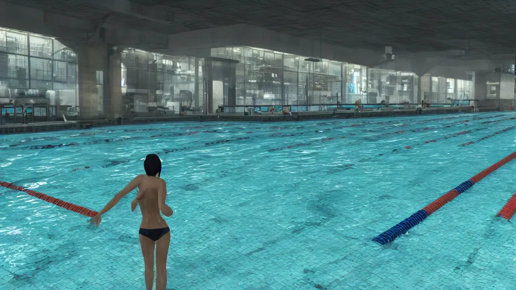 Image similar to Screenshot from Watchdogs at an indoor swimming pool