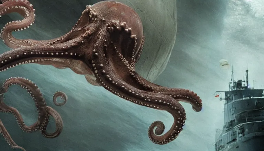 Image similar to Ridley Scott movie about an octopus attacking a nuclear submarine