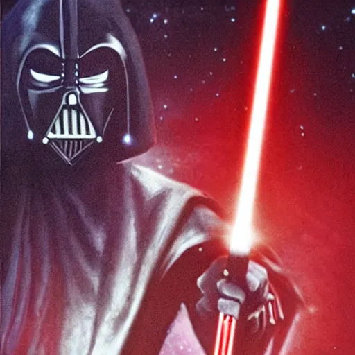 Image similar to morbius. morbius. morbius holding a lightsaber. and darth vader, pyramids in background.