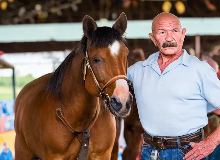 Prompt: photo still of charles bronson at the county fair!!!!!!!! at age 5 6 years old 5 6 years of age!!!!!!!! riding a small pony, 8 k, 8 5 mm f 1. 8, studio lighting, rim light, right side key light