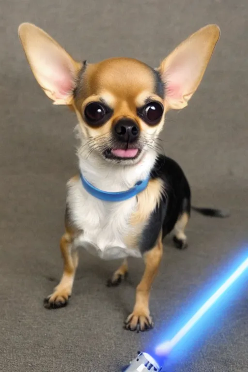 Prompt: a Cíborg Chihuahua with a blue lightsaber. futuristic style.unnreal engine