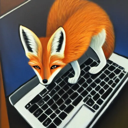 Prompt: oil painting of a fox typing on a laptop