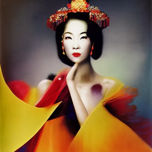 Prompt: photo portrait of chinese beauty by Angus McBean by Mark Mann by Richard Avedon, colorful, sharpen, 4k, 85mm, award winning