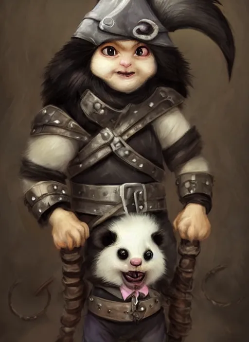 Image similar to cute little anthropomorphic skunk wizard wearing bindrain (eyepatch), tiny, small, miniature animal, baby animal, short, pale black armor, cute and adorable, pretty, beautiful, DnD character art portrait, matte fantasy painting, DeviantArt Artstation, by Jason Felix by Steve Argyle by Tyler Jacobson by Peter Mohrbacher, cinematic lighting