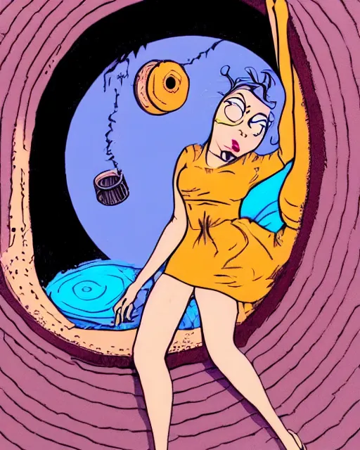 Image similar to attractive young woman cautiously peering into manhole cover open swirling into another dimension, surreal, ralph bakshi