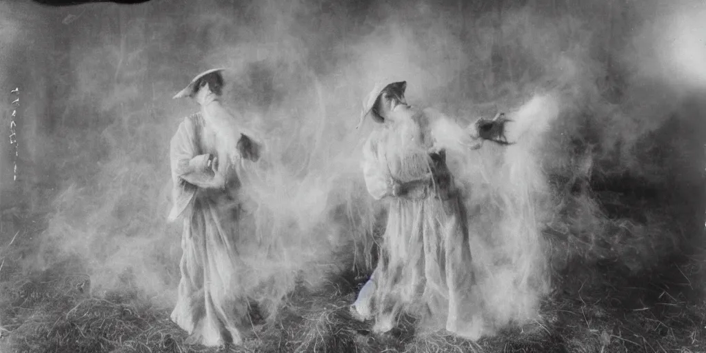 Prompt: 1 9 2 0 s spirit portrait photography of an old female farmer turning into a krampus ghost with hay cloth in the dolomites, smoke from mouth, casting a root spell, inviting hand, witchy, wicca, by william hope, dark, eerie, grainy