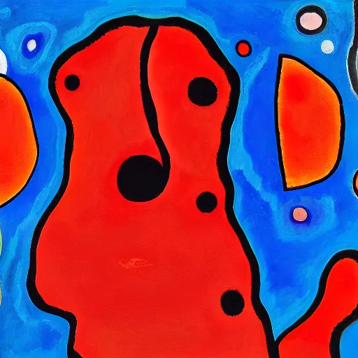 Prompt: A red dog sitting in the middle with red spots. in the art style of Kandinsky. Dramatic lighting, minimal painting, high resolution. Positive vibes