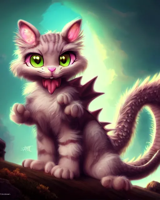 Image similar to cute fluffy dragon - kitty character portrait, by don bluth, sci - fi environment, highly detailed, dynamic shadows, 4 k, wallpaper - 1 0 2 4