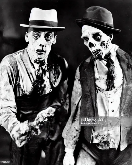 Image similar to Buster Keaton and Jimmy Durante as zombies, 1930' horror movie, Studio still