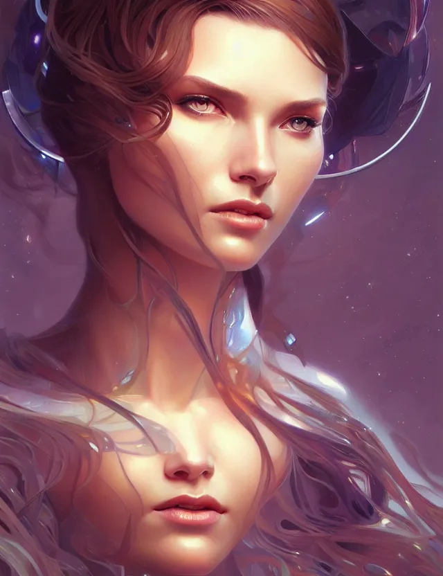 Image similar to futuristic woman portrait, sci-fi, amber eyes, face, long hair, fantasy, intricate, elegant, highly detailed, digital painting, artstation, concept art, smooth, sharp focus, illustration, art by artgerm and greg rutkowski and alphonse mucha