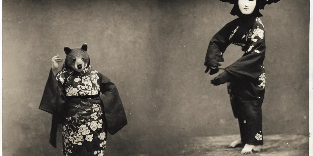Image similar to anthropomorphic asian black bear in kimono, 1900s photo