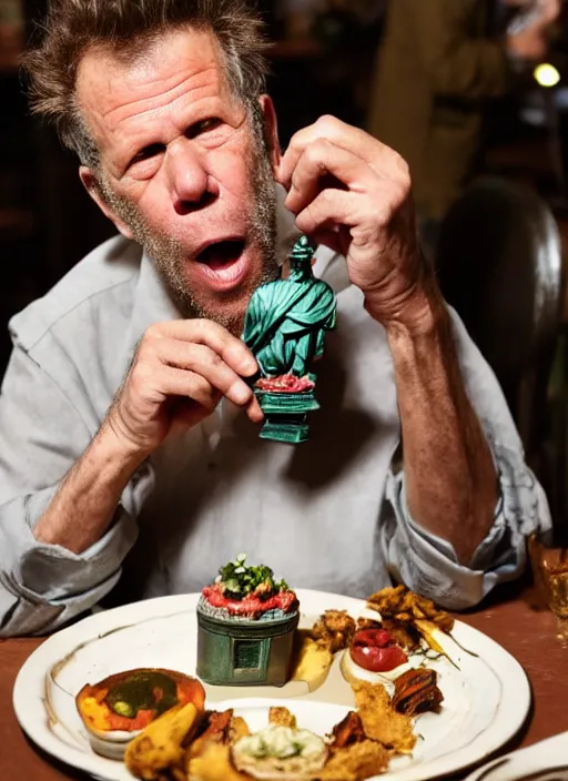 Prompt: Tom Waits eating a miniature Statue of Liberty on a plate in a restaurant, color photograph portrait 4k