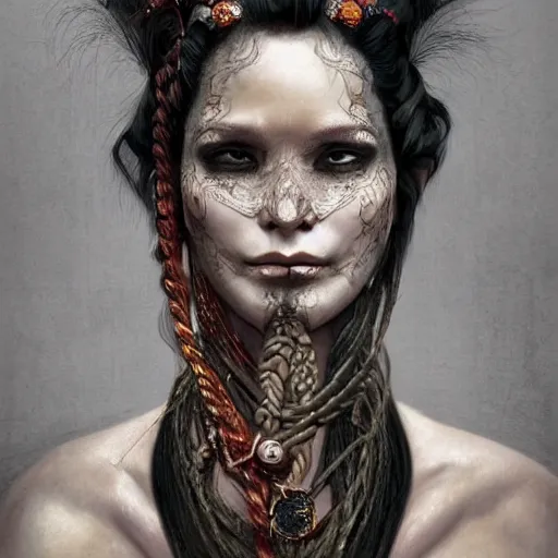 Image similar to portrait of a Shibari rope wrapped face and neck, headshot, insanely nice professional hair style, dramatic hair color, digital painting, of a old 18th century, Royal Emperor, facial tattoos, amber jewels, baroque, ornate clothing, scifi, realistic, hyperdetailed, chiaroscuro, concept art, art by Franz Hals and Jon Foster and Ayami Kojima and Amano and Karol Bak,