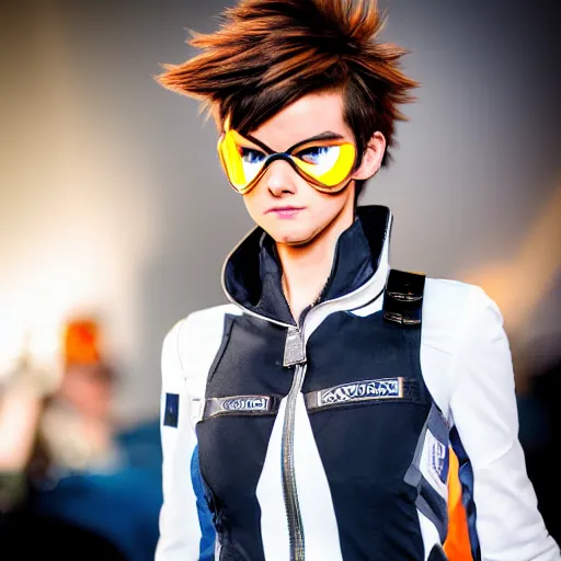 Prompt: tracer from overwatch on catwalk as runway model f/1.4