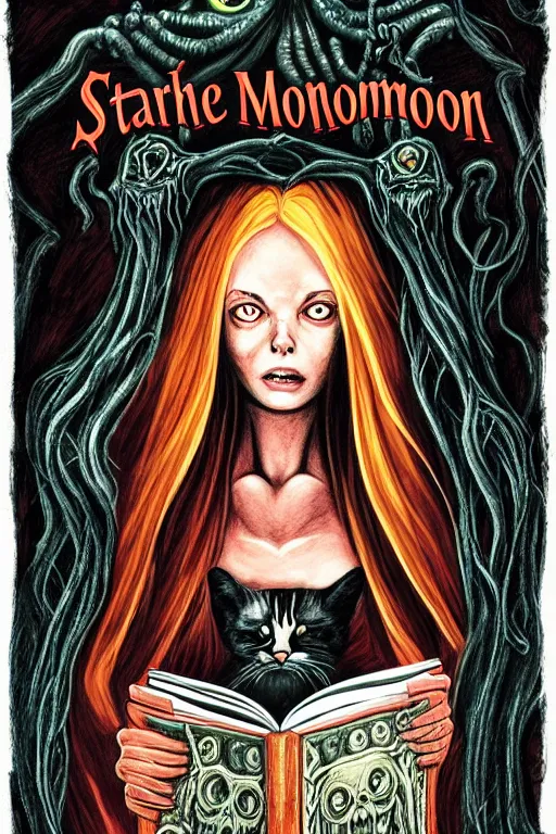 Prompt: stephen king illustration of romantic girl, her cat and her book of necronomicon, symmetrical, cinematic, sharp focus, 4 k, ultra hd, sense of awe, sinister demonic atmosphere, dreadful, forbidden knowledge, old gods, cthulhu, yog - sothoth! yah, yah, yah! cultist journal cover