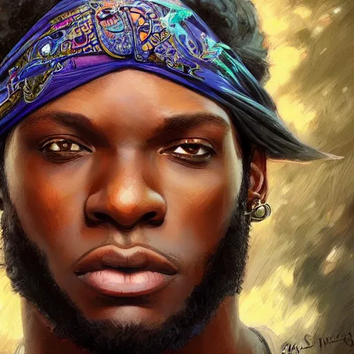 Image similar to KSI wearing a bandana, closeup, D&D style, fantasy, intricate, elegant, highly detailed, digital painting, artstation, concept art, matte, sharp focus, illustration, art by Artgerm and Greg Rutkowski and Alphonse Mucha