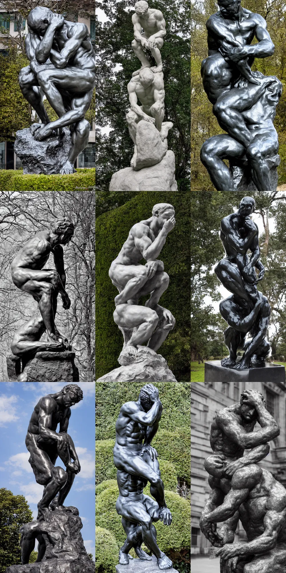 Prompt: photography of The Thinker sculpture by Auguste Rodin, the head is melting over the stone pedestal, molten metal,