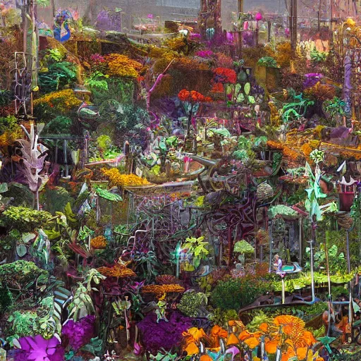 Image similar to panoramic view of a jungle of flowers and vines growing over great heaps of chrome machinery and rusty weapons in puddles of glistening oil artists tram pararam and doctor seuss with beryl cook and hr giger neon high contrast cinematic light, mystical shadows, sharp focus, warhammer fourty k, octane render