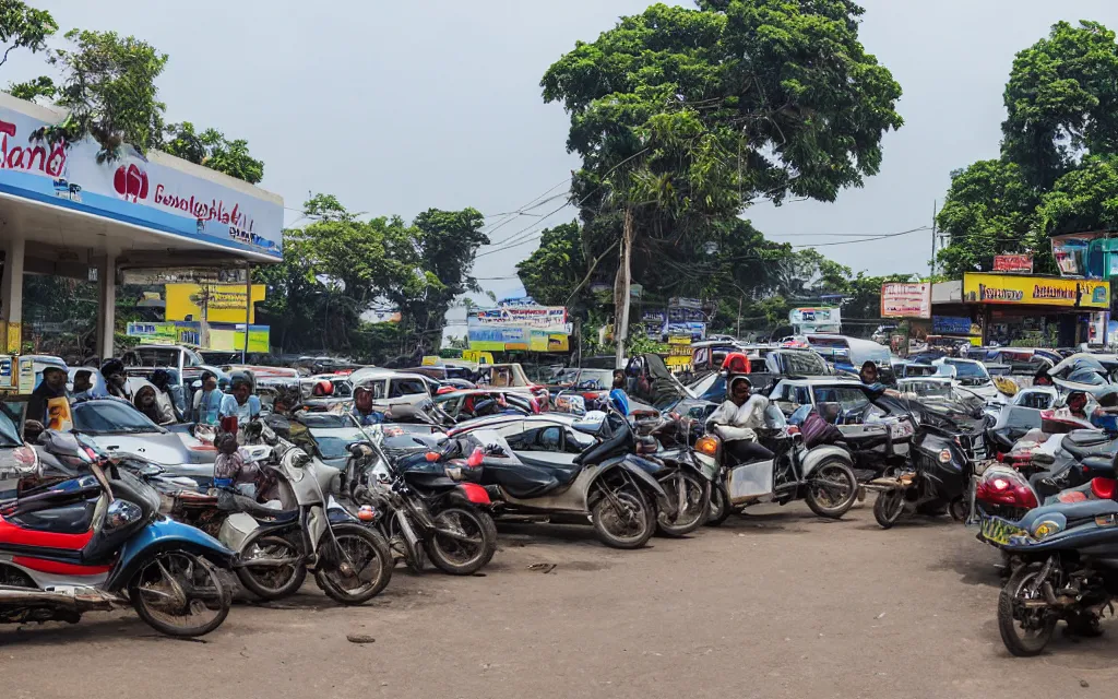 Image similar to An extremely long queue of cars and mopeds waiting for gas at a gas station in sri lanka in the style of edeard hopper