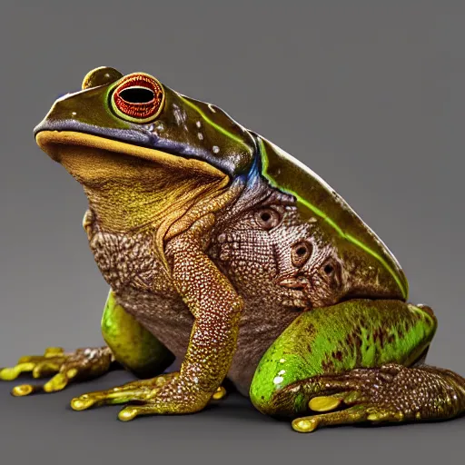 Prompt: photograph of wonderful batman cane toad with smooth froggy batsuit, alluring hero pose, its just a frog wearing a costume, painterly, breathtaking stande, triumphant, ornate, intricate, hyper detailed, accent lighting, dramatic light, 4 k octane render