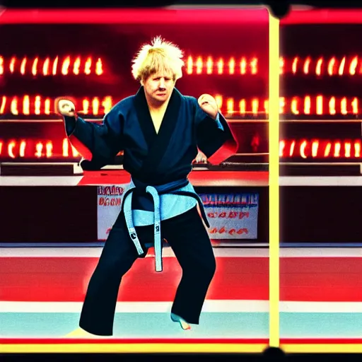 Prompt: Boris Johnson as the karate kid, 80s VHS, neon lights