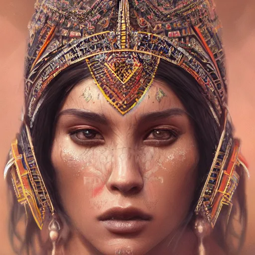 Prompt: Aztec queen, gorgeous, close-up portrait, intricate, elegant, volumetric lighting, scenery, digital painting, highly detailed, artstation, sharp focus, illustration, concept art, ruan jia, steve mccurry