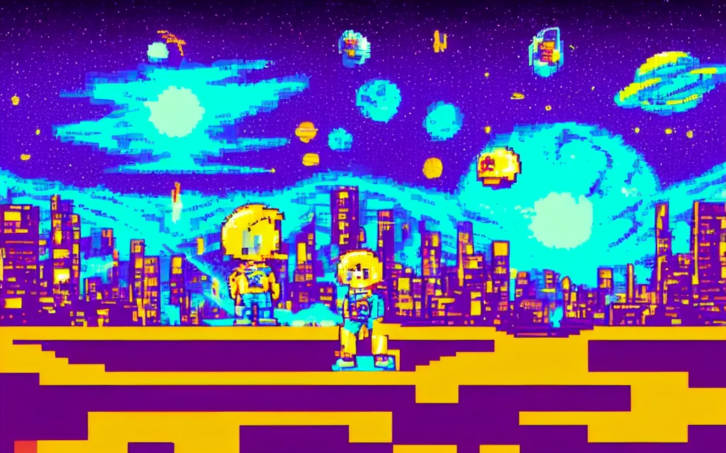 Prompt: 16 bit super nintendo art style, space boy looking at giant neon city, the vastness of space in the background, sharp focus, wonderful lighting, retro digital art style, highly detailed