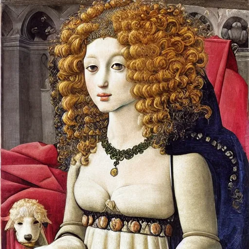 Image similar to portrait of a white poodle with curly white fur and curly white hair as an italian queen, painting by botticelli, 1 4 8 0 s