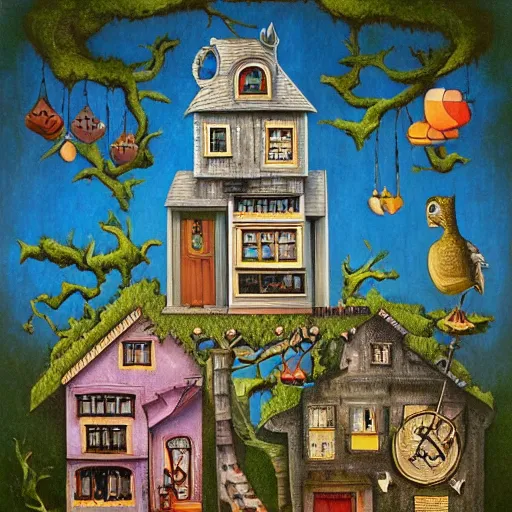 Image similar to a house with a tower, owl, birds, cheese, lowbrow in the style of mark ryden and daniel merriam,