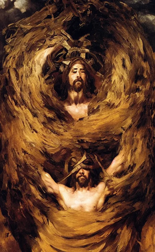 Image similar to jesus christ wearing blindfold!!!!! holding cornucopia!!!!!!! sitting on a huge!!!! throne of entwined bodies, elegant, ominous, highly detailed painting by goya!!! phil hale!! gaston bussiere, craig mullins, j. c. leyendecker, 8 k, mid shot