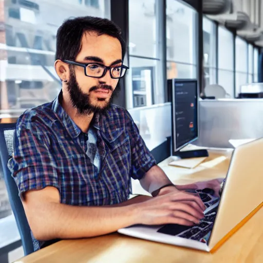 Prompt: a machine learning engineer working tirelessly on his laptop, digital art