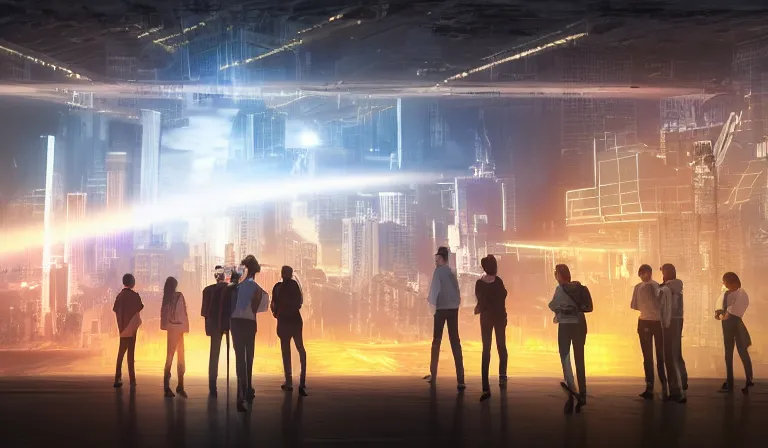 Image similar to group of people in simple warehouse, surrounding hologram of futuristic city on a table, cinematic concept art, godrays, golden hour, natural sunlight, 4 k, clear details, tabletop model buildings, center model buildings, hologram center, crane shot, crane shot, crane shot