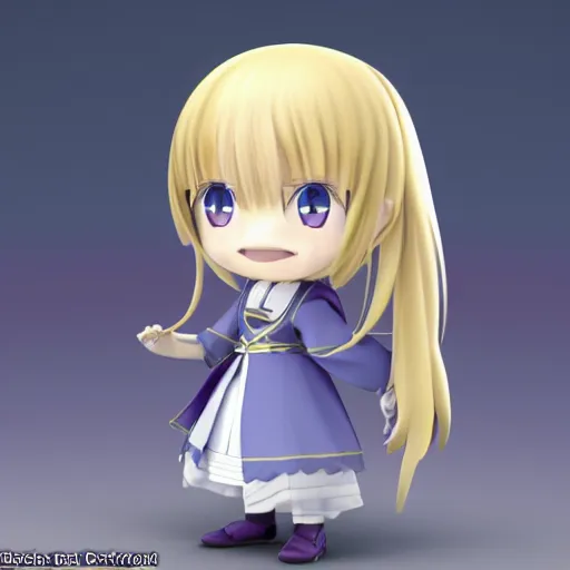 Image similar to 3d render of violet evergarden as a cute chibi figurine, blonde, blue eyes, blue-white dress, blender, artstation