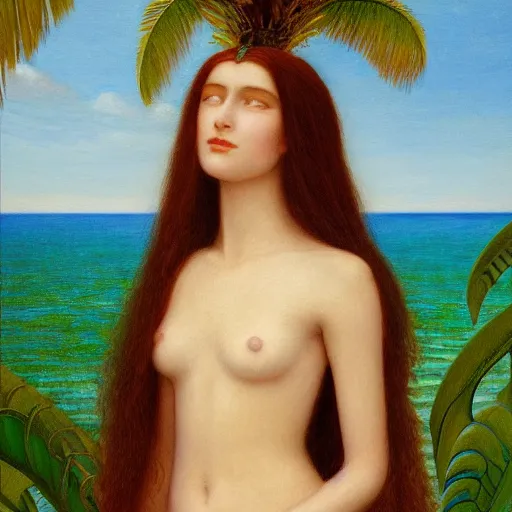 Image similar to a ultradetailed beautiful painting of a girl in the amazonas palace balustrade designed by edward robert hughes, tarsila do amaral, frank weston and gustave baumann, beach, trending on artstation, mediterranean, palm trees, detailed face, sharp focus, soft light, 8 k 4 k