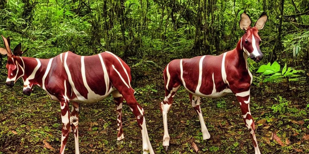 Image similar to an okapi spotted in a rainy, wet, very green congo forest, majestic!!! beautiful!!!, ethereal!!! ultra realistic, golden hour, volumetric lighting, sharp focus