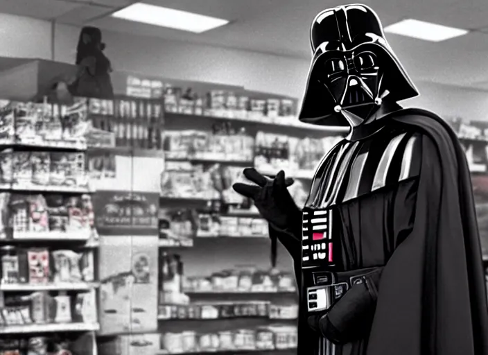 Image similar to film still of Darth Vader working as a clerk in a convenience store in Clerks movie 1994