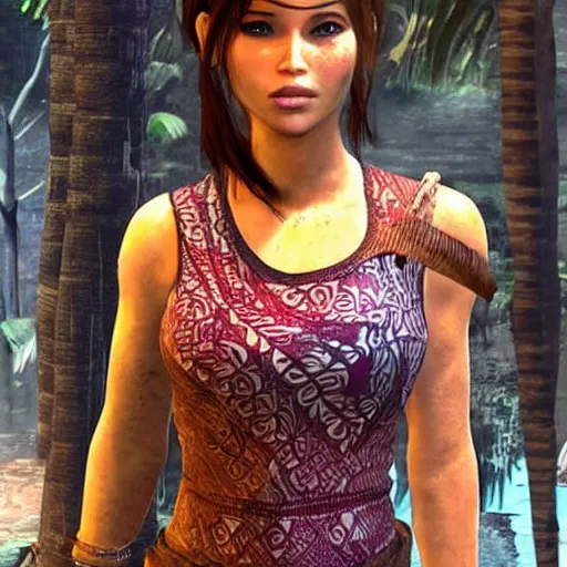 Image similar to hey ai use your best to give me beautiful lara croft wearing batik!