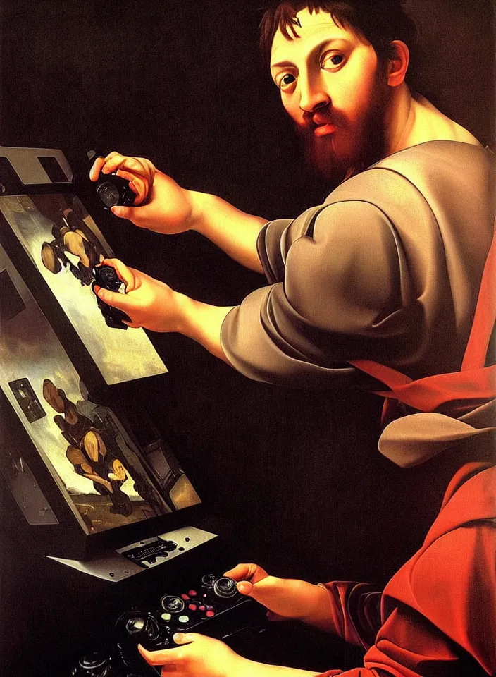 Image similar to Portrait of a man playing a video game on a CRT television. Painting by Caravaggio. Intricate details. hyper realism. Masterpiece.