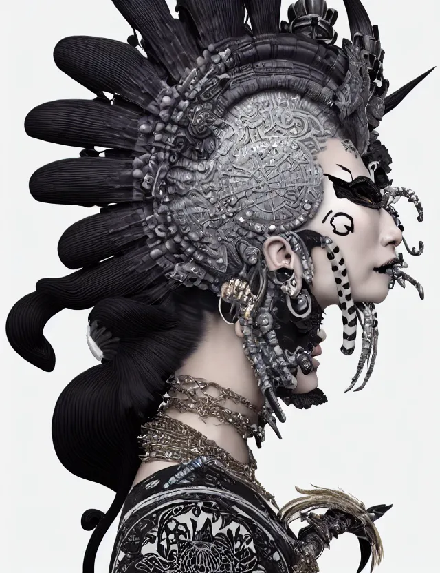 Image similar to 3 d goddess close - up profile portrait punk with mohawk in victorian style with ram skull. beautiful intricately detailed japanese crow kitsune mask and clasical japanese kimono. betta fish, jellyfish phoenix, bio luminescent, plasma, ice, water, wind, creature, artwork by tooth wu and wlop and beeple and greg rutkowski