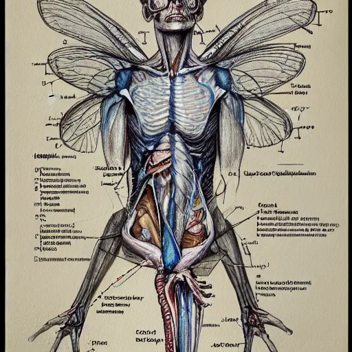 Image similar to anatomical diagram pencil sketch of a fairy, insanely detailed, labeled diagram, medical illustration, insanely intricate, written notes, text, journal paper, watercolor, stains