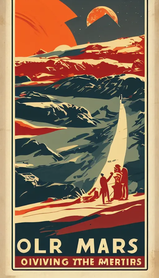 Image similar to posters for living on mars in the style of old vintage national railway posters, colonize mars posters styled like old english railway posters