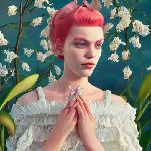 Image similar to pretty model with white lilies : : by martine johanna and simon stalenhag and chie yoshii and casey weldon and wlop : : ornate, dynamic, particulate, rich colors, intricate, elegant, highly detailed, vogue, botanical, harper's bazaar art, fashion magazine, smooth, sharp focus, 8 k, octane render